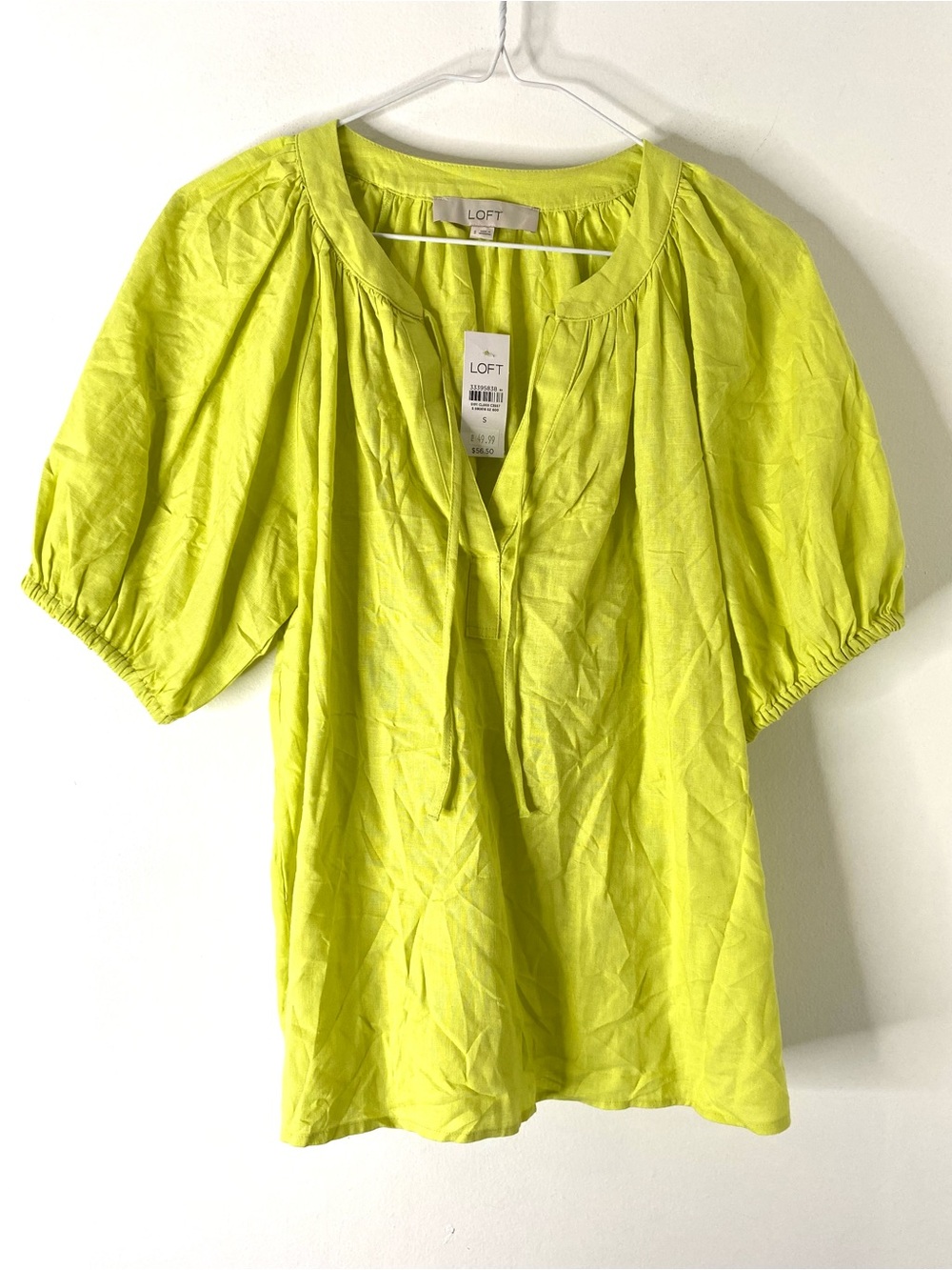 LOFT NWT Lemon Lime Linen Blend Puff Sleeve Top V Neck Drawstring Blouse